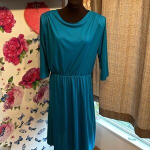 Vintage 1980’s Blair, 3/4 sleeve solid teal chic/casual midi dress. Size 16P.